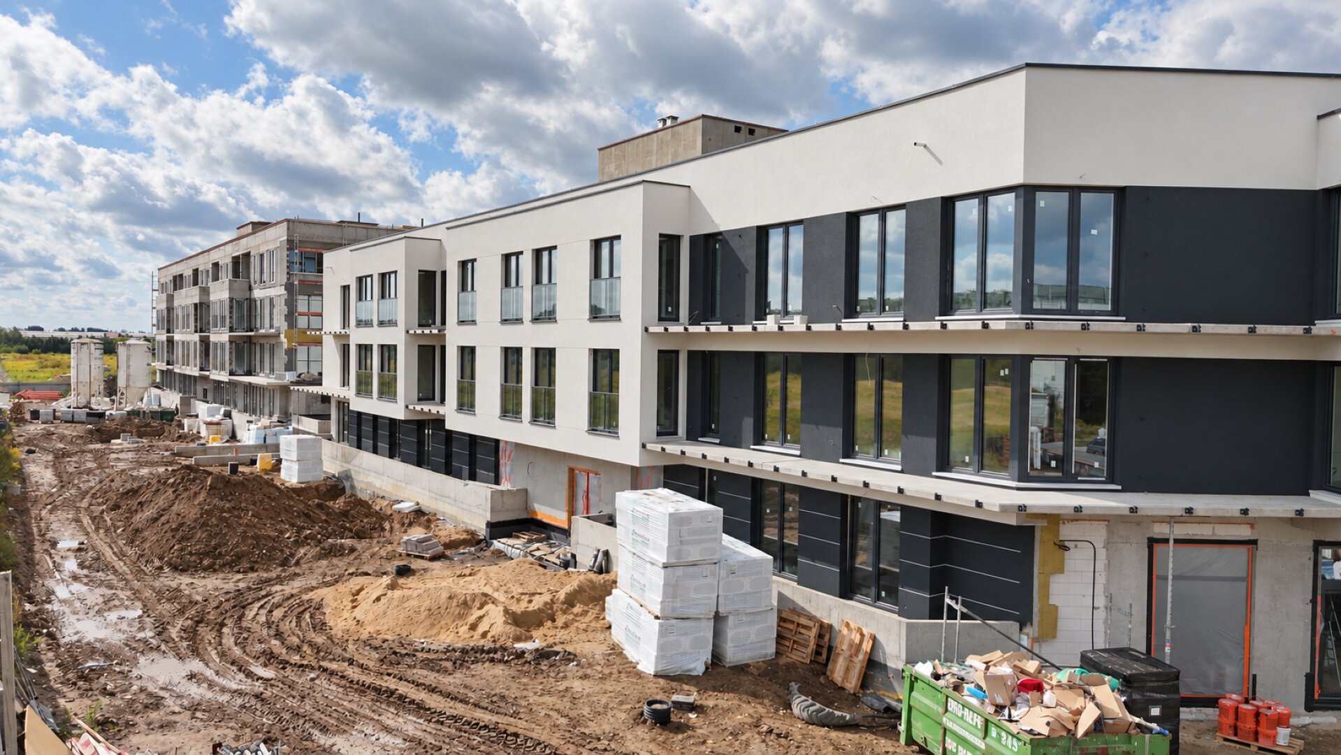 Miniatura: Budynek B — detal fasady z ciemną stolarką okienną